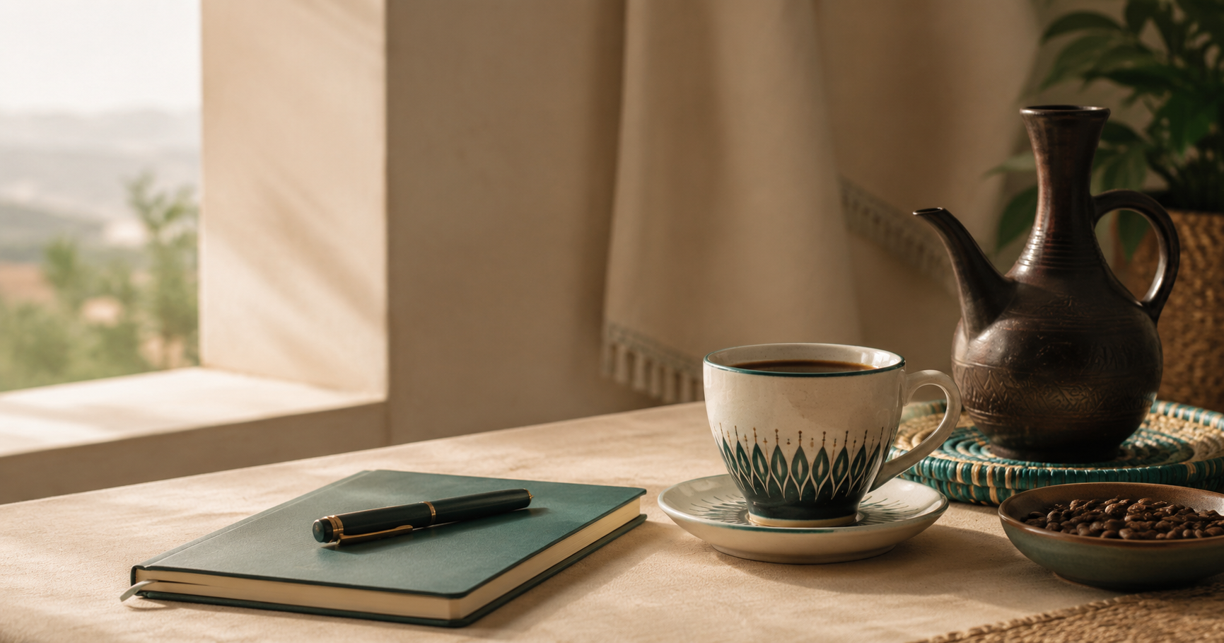 learn Amharic beginner guide with Ethiopian coffee and study notebook