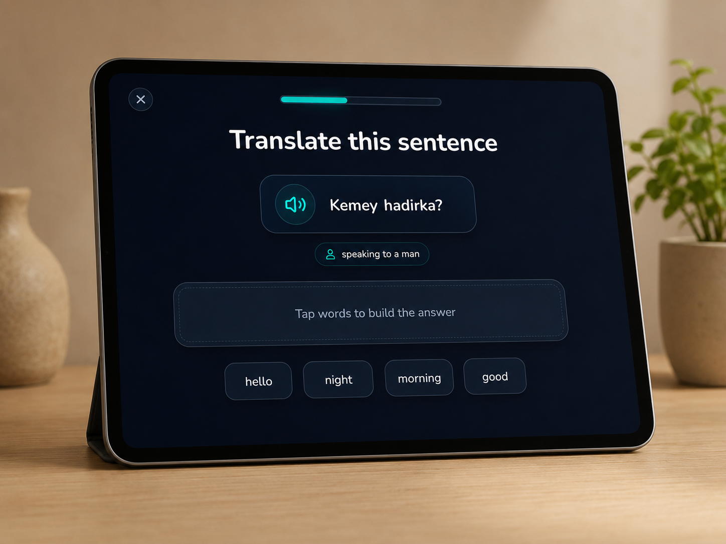 short daily language lesson with tablet notebook and coffee